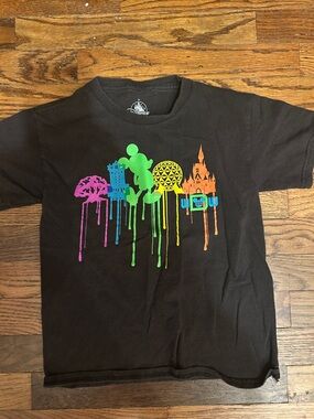 Disney Black Short Sleeve Tee with Neon Park Icon Drip Design